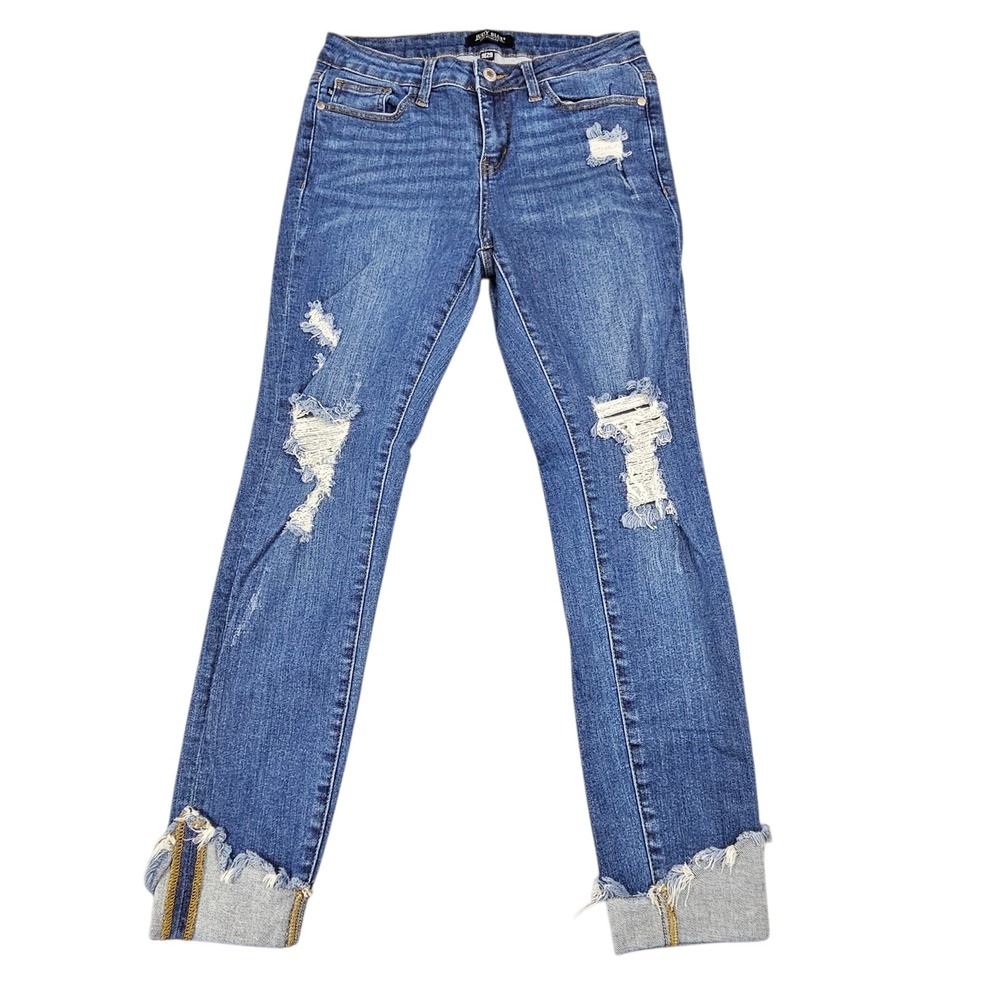 Judy Blue Jeans Womens Sz 9 29 Mid Rise Distressed Cuffed Raw Hem Slim Leg Blue